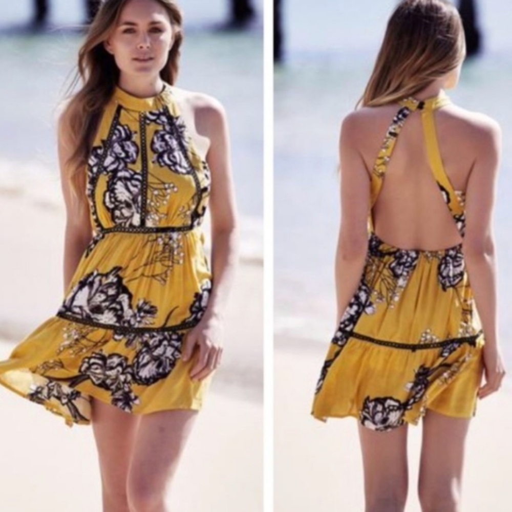 Jaase | Women's Halter Neck Open Back Dress Blue Floral Boho Gypsy Size Large